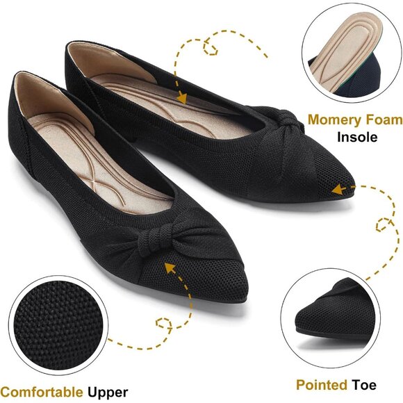Women's Pointed Toe Knit Black Flats Comfortable Lightweight Dressy Casual Shoes - Picture 4 of 9
